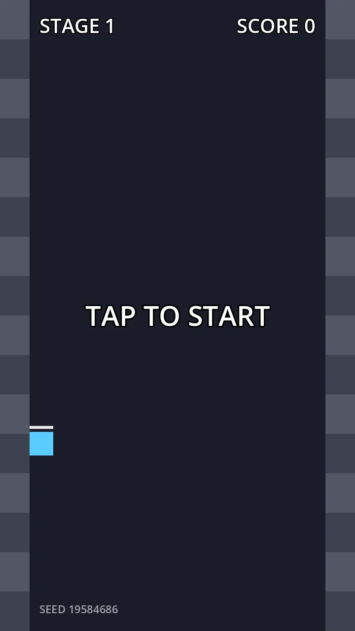 起動直後の画面。中央に TAP TO START、上にステージ番号とスコア、左下に seed が出ている
