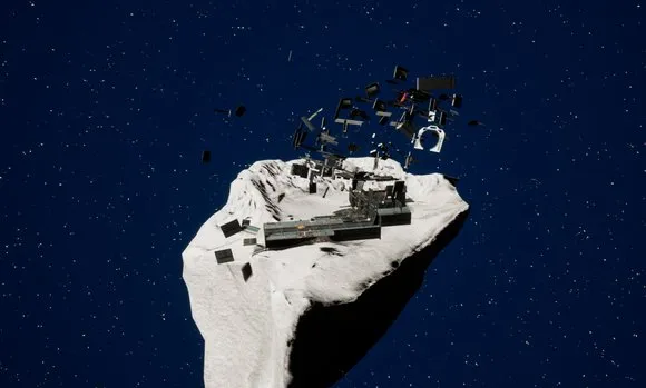 宇宙空間を漂う小惑星と破壊された工場の跡(完成イメージ)
