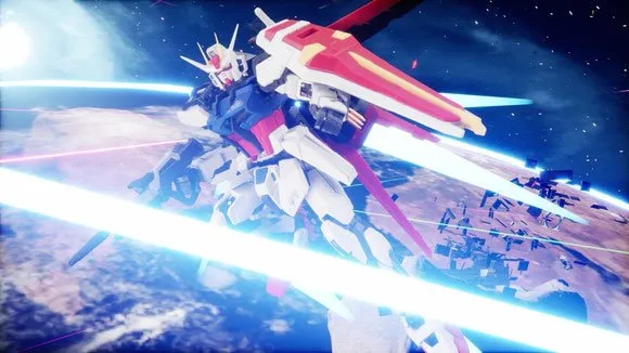 完成したガンプラと飛び交うビーム